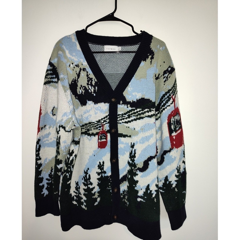 Topman Mens Mountain Scenic Cable Car Knit‎ Cardigan Sweater Blue Green Medium